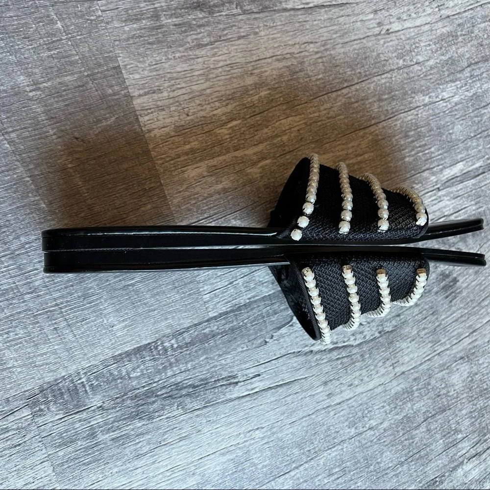 Zara Pearl Mesh Slide Sandals Black Rhinestone Flats Size 42 - Picture 6 of 10